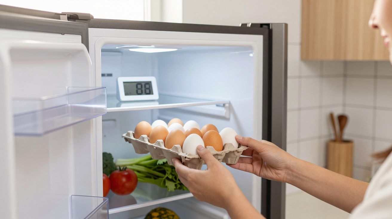 Pessoa a guardar caixa com ovos na prateleira de frigorífico aberto numa cozinha.