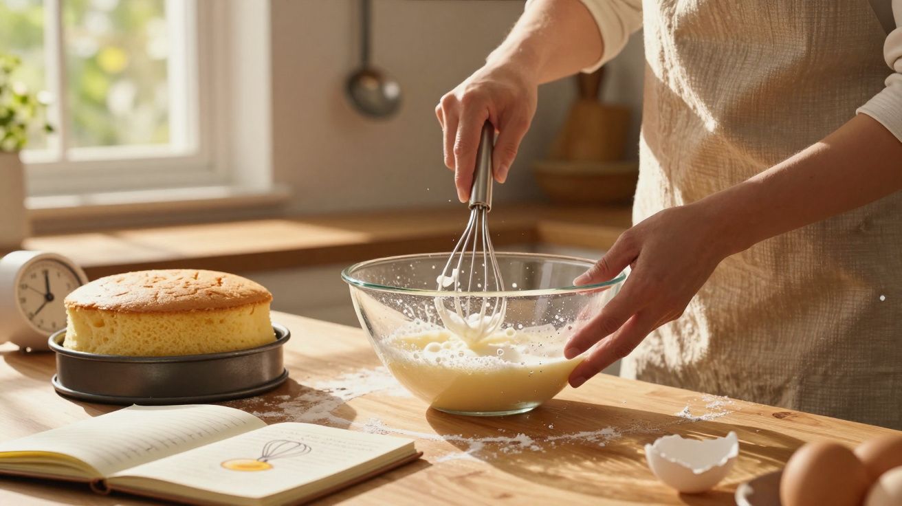 Pessoa a bater ingredientes numa taça para cozinhar, com bolo e livro de receitas numa mesa de madeira.