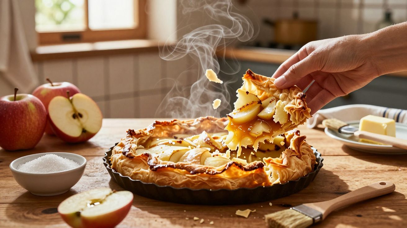 Tarte de maçã quente a ser servida numa cozinha com maçãs, açúcar e manteiga na mesa de madeira.