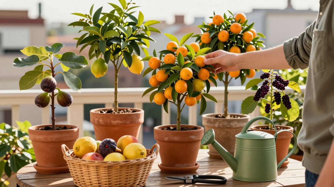 Varanda com árvores em vasos, fruta cítrica, regador verde, e uma mão a colher tangerinas.