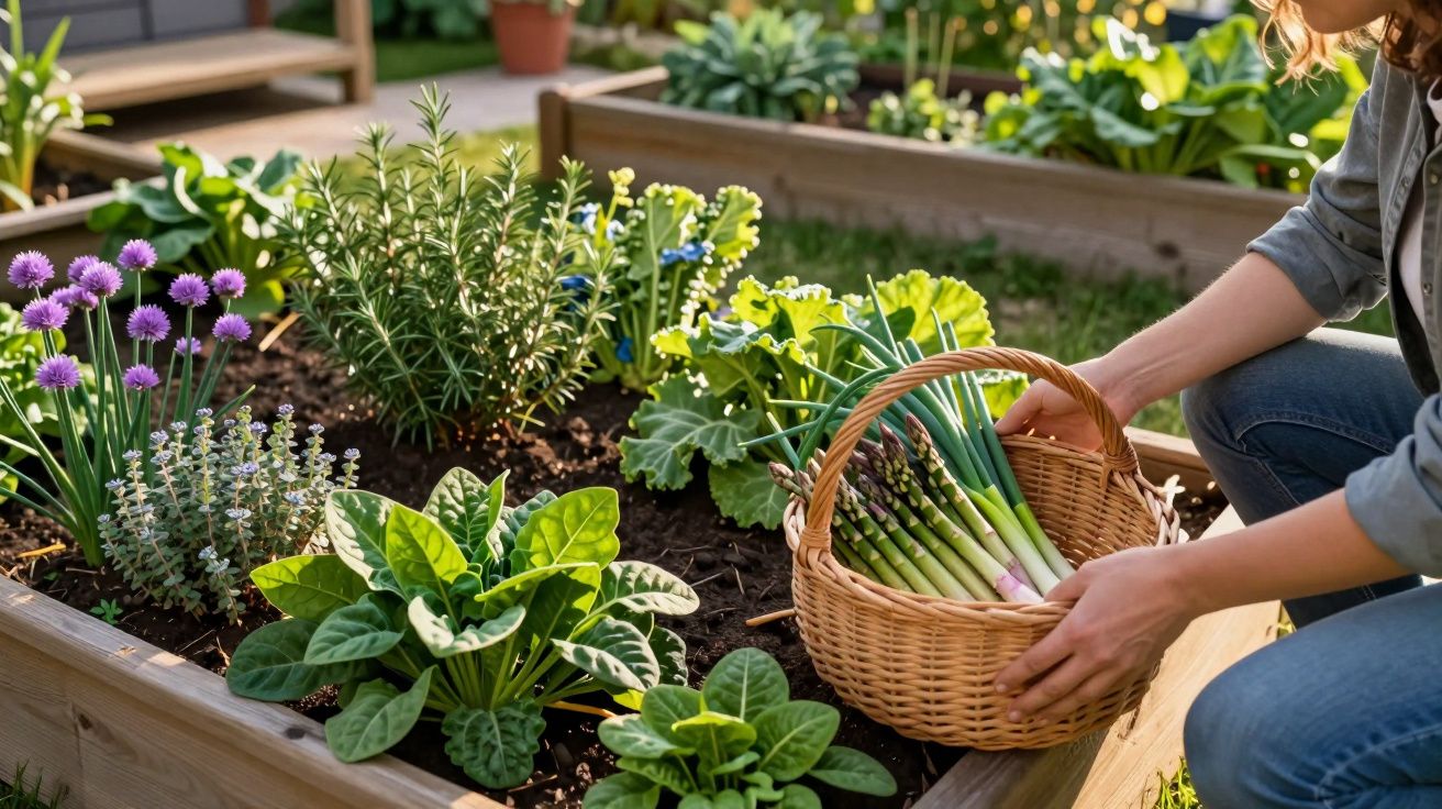 Pessoa colhendo legumes frescos num canteiro com ervas aromáticas e flores roxas num jardim.