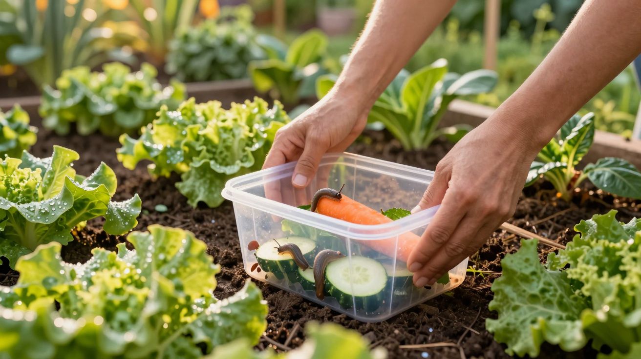 Mãos a recolher um recipiente com legumes e várias lesmas num jardim com plantas verdes.