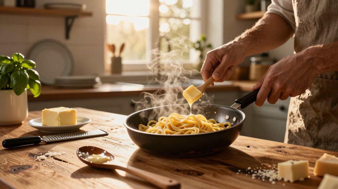 Pessoa a derreter manteiga numa frigideira com esparguete numa cozinha iluminada pelo sol.