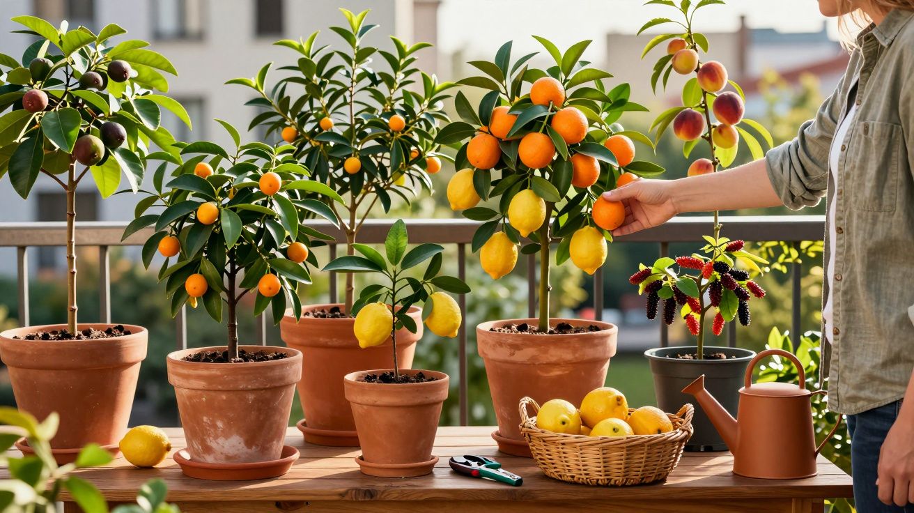 Vários vasos com árvores de citrinos e outras frutas numa varanda, com cesta de limões e uma pessoa a apanhar frutos.