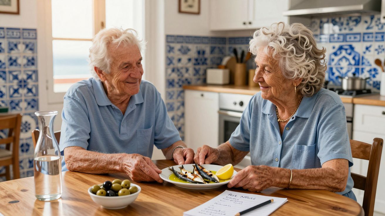 Casal de idosos sentado à mesa na cozinha, sorrindo e segurando um prato com peixes grelhados.