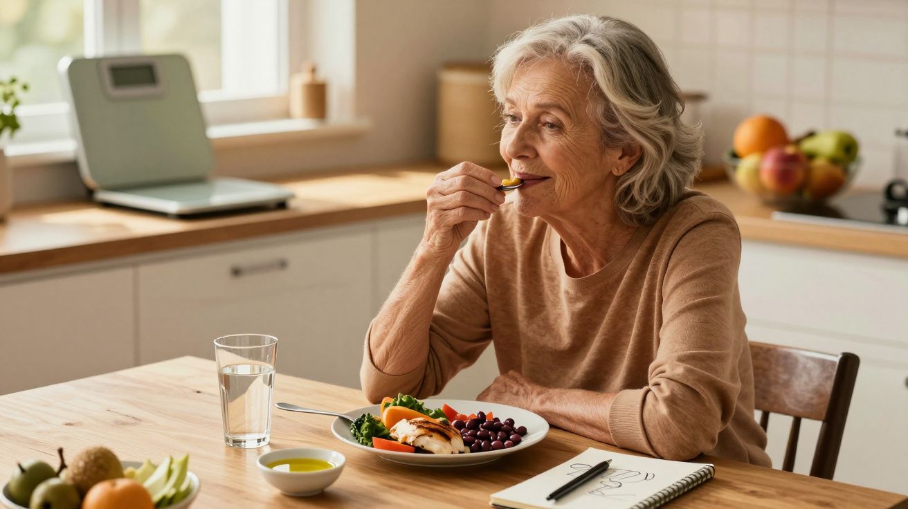 Mulher idosa a comer uma refeição saudável sentada à mesa na cozinha com frutas e legumes.