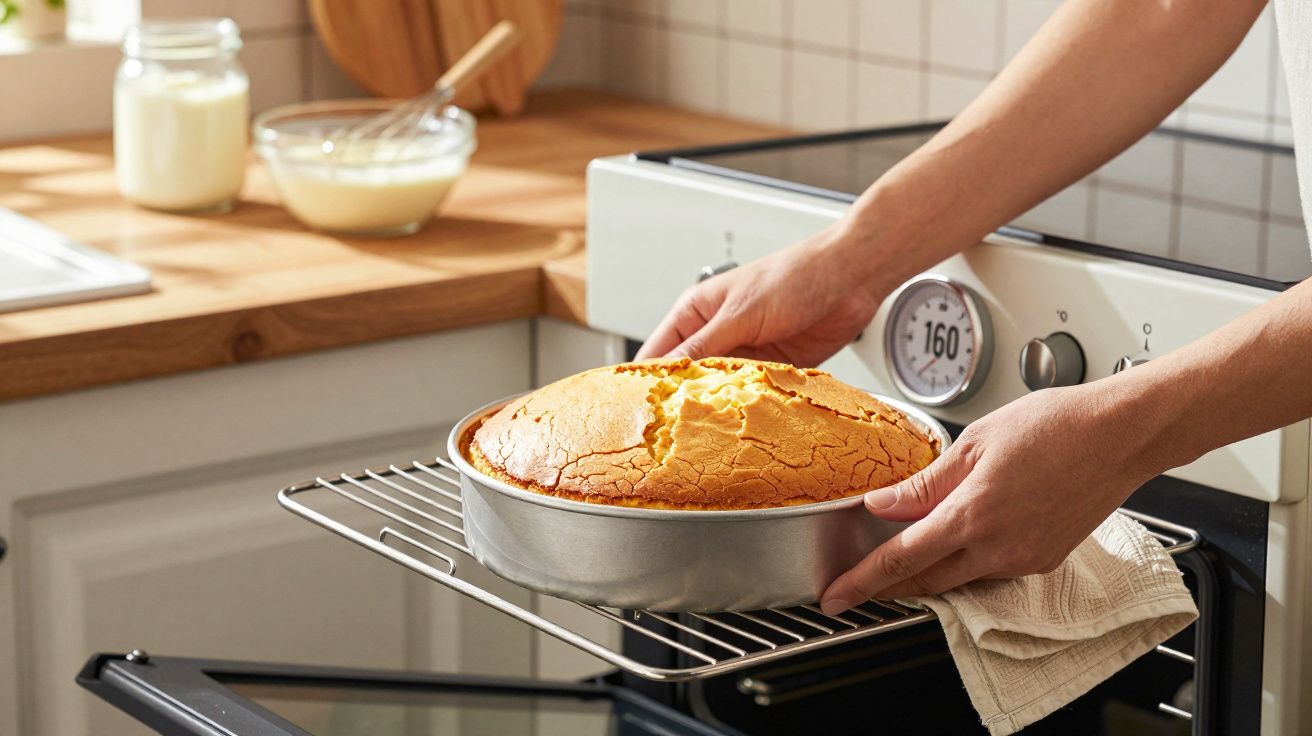Pessoa a retirar do forno bolo caseiro dourado num tabuleiro redondo numa cozinha moderna.