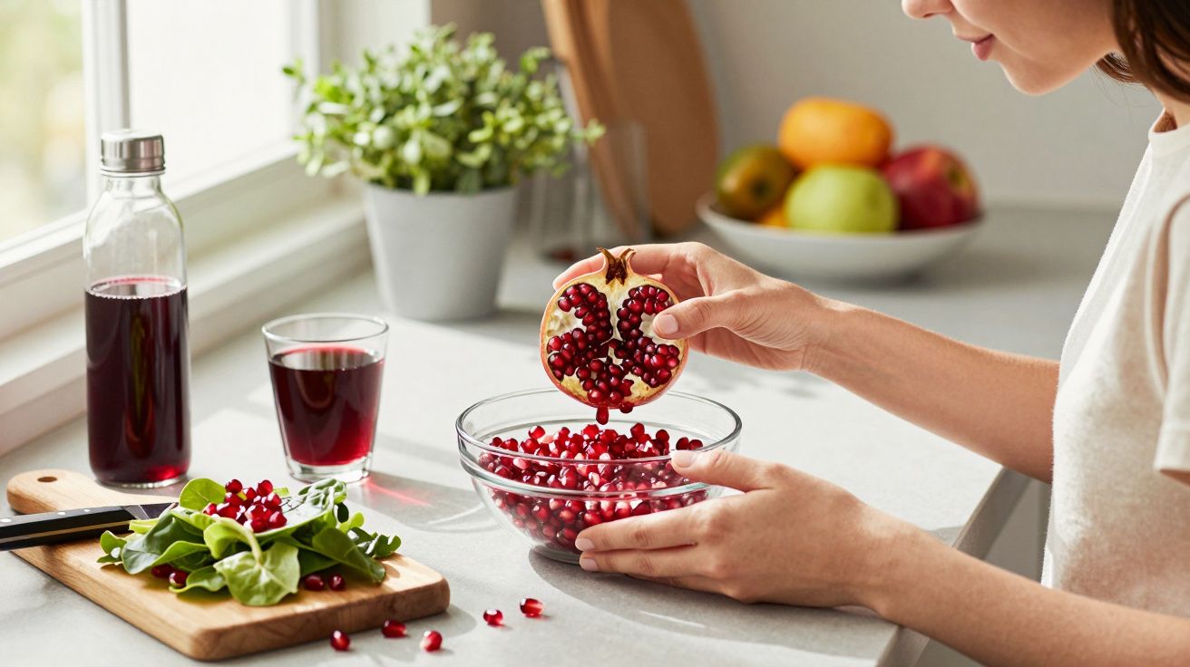 Pessoa a partir romã para um recipiente de vidro na cozinha, com sumo de romã e legumes à vista.