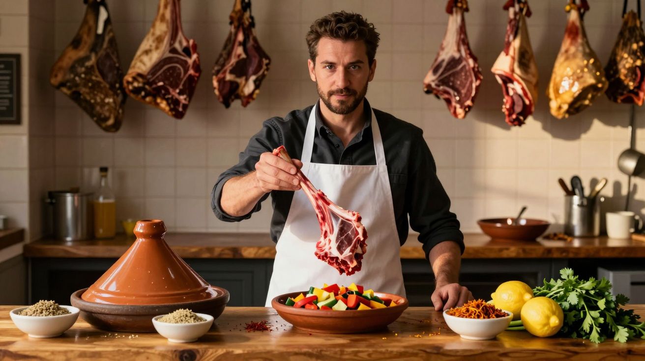 Homem com avental branco segura bife cru numa cozinha com carne pendurada ao fundo e legumes frescos na mesa.