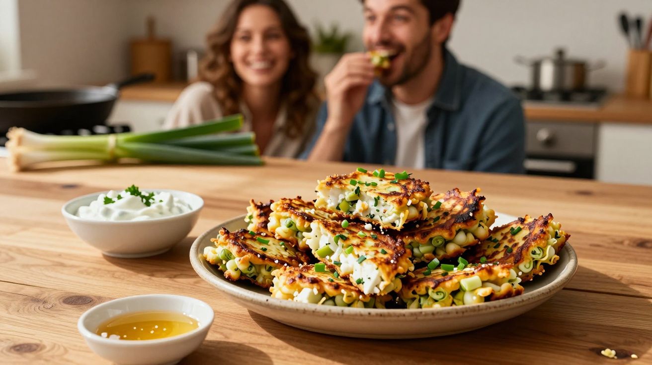 Tigela de panquecas de milho com cebolinho e acompanhamentos, casal ao fundo a saborear na cozinha.