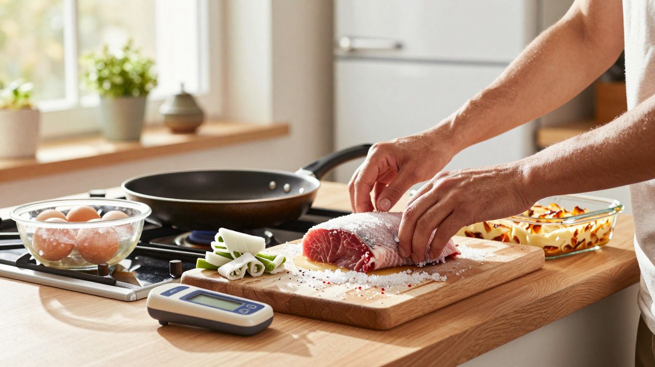 Mãos temperando peça de carne crua numa tábua de madeira com legumes, ovos e frigideira na bancada da cozinha.