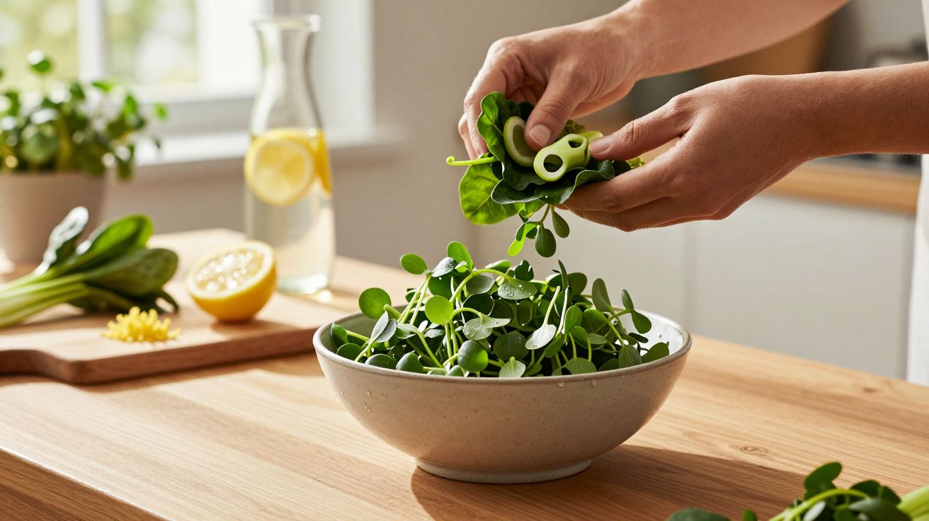 Mãos a preparar salada com folhas verdes num recipiente, limão e jarra de água com limão ao fundo.
