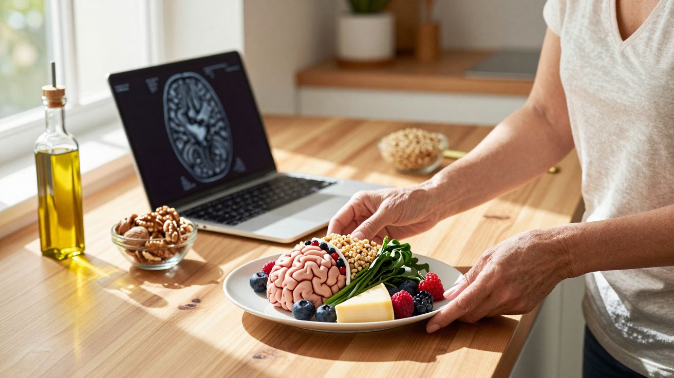 Pessoa segura prato com alimentos saudáveis em forma de cérebro ao lado de computador com imagem cerebral.