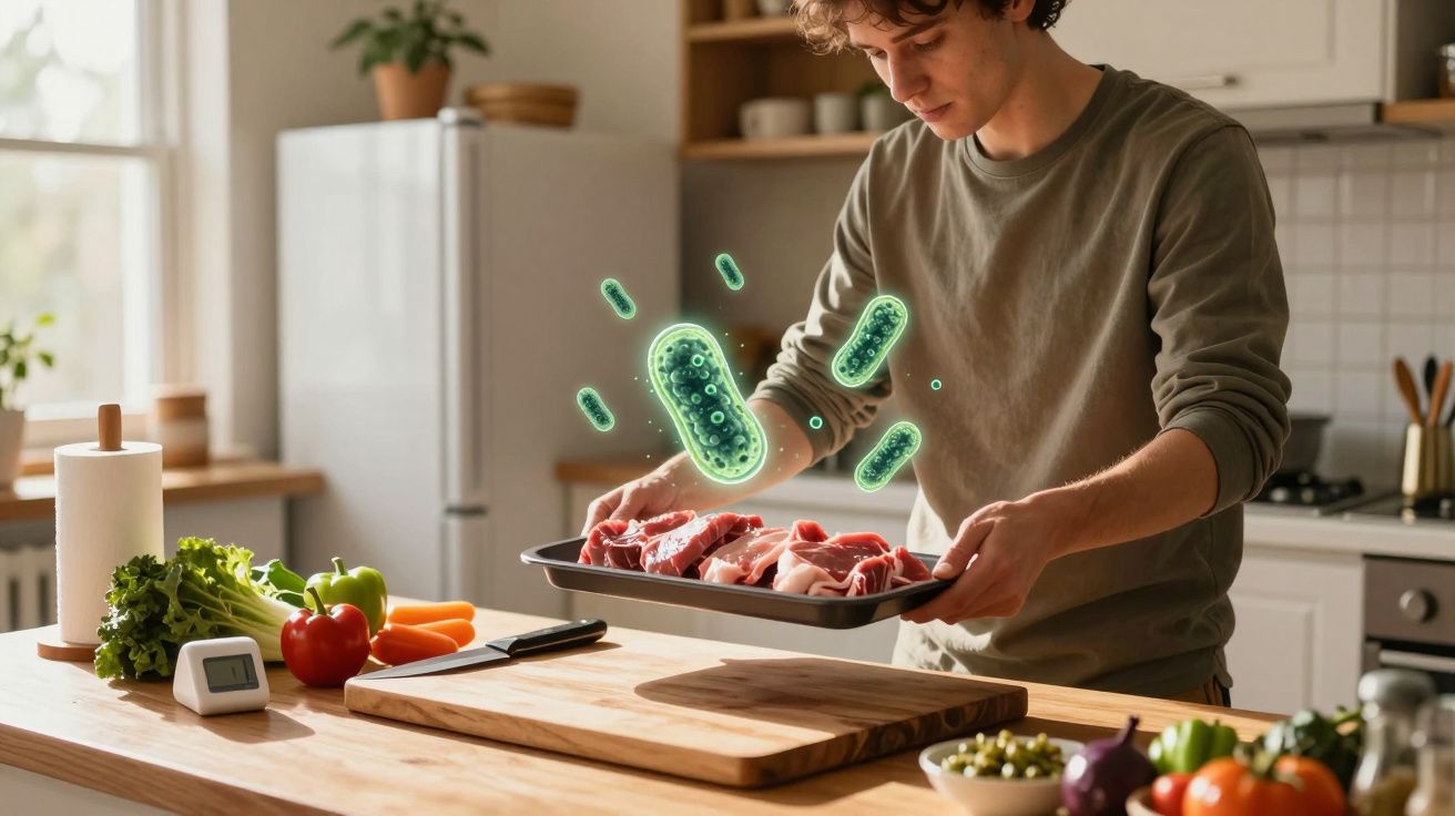 Homem na cozinha segurando tabuleiro com carne crua e ilustração digital de bactérias verdes.
