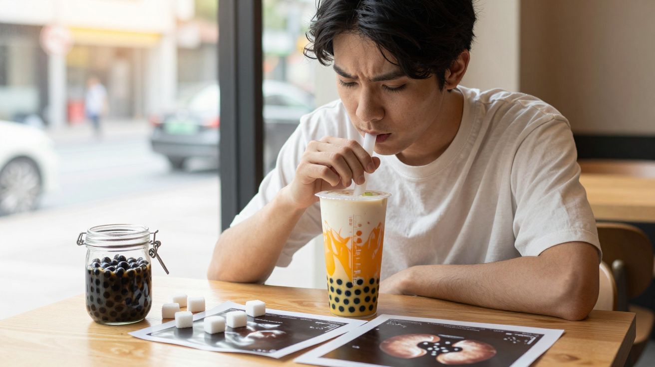 Pessoa a beber chá de bolhas num café, com imagens médicas e cubos de açúcar na mesa.