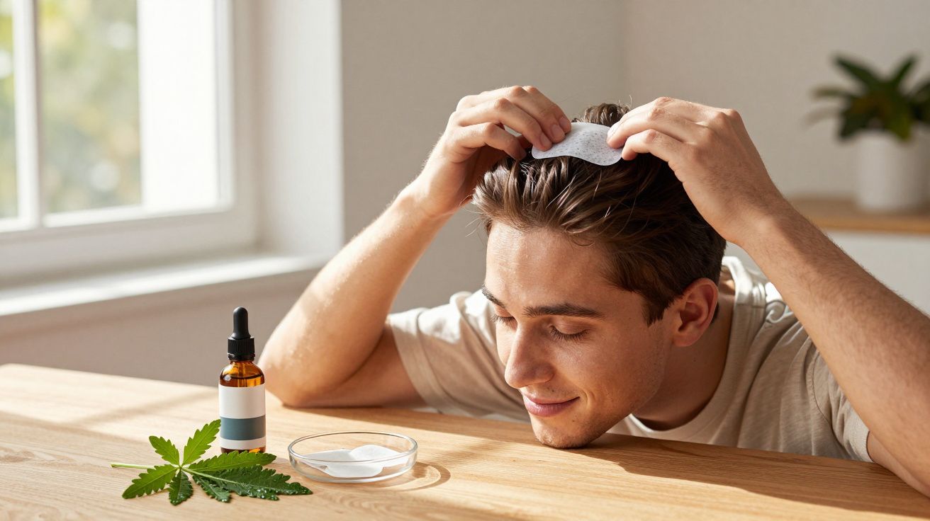 Homem jovem aplica máscara capilar sentado à mesa com frasco de óleo e folhas de cânhamo à frente.