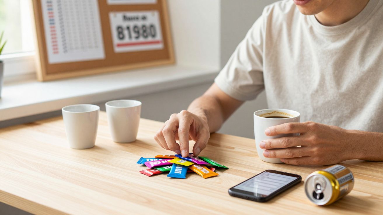 Pessoa sentada a segurar uma chávena de café, com pacotes coloridos, telemóvel e lata sobre a mesa de madeira.