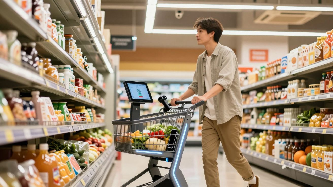 Homem com carrinho de supermercado cheio de legumes, frutas e bebidas em corredor iluminado de supermercado.