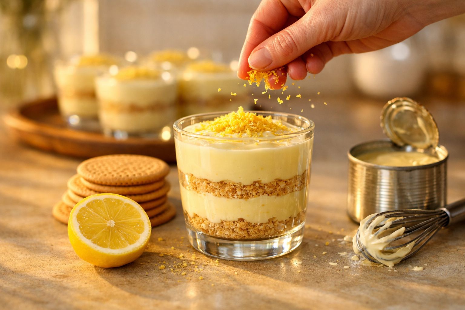 Taça com sobremesa de limão em camadas, bolachas e creme, decorada com raspas de limão.