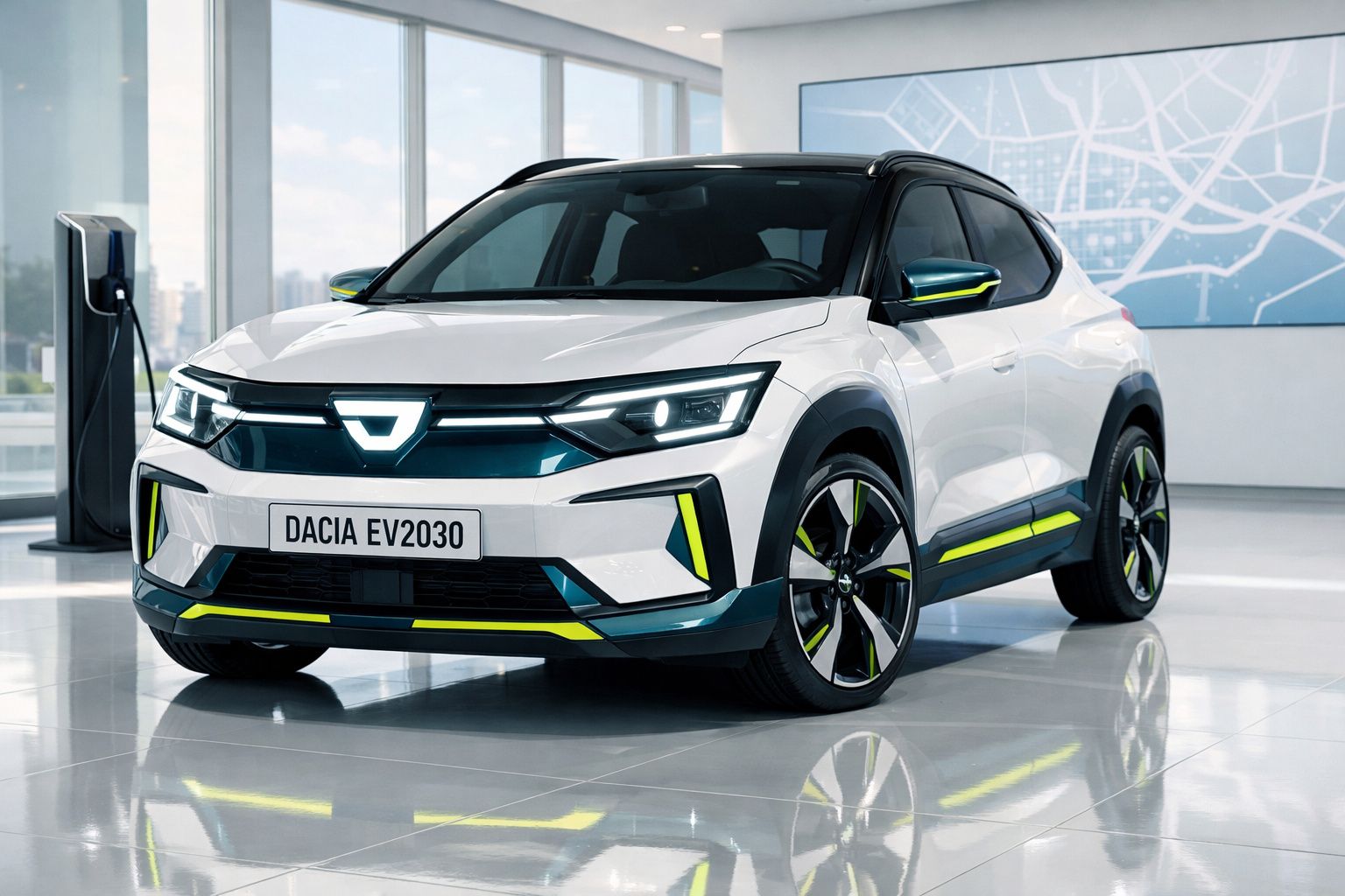 Carro elétrico Dacia EV2030 branco com detalhes verdes numa sala moderna de exposição.