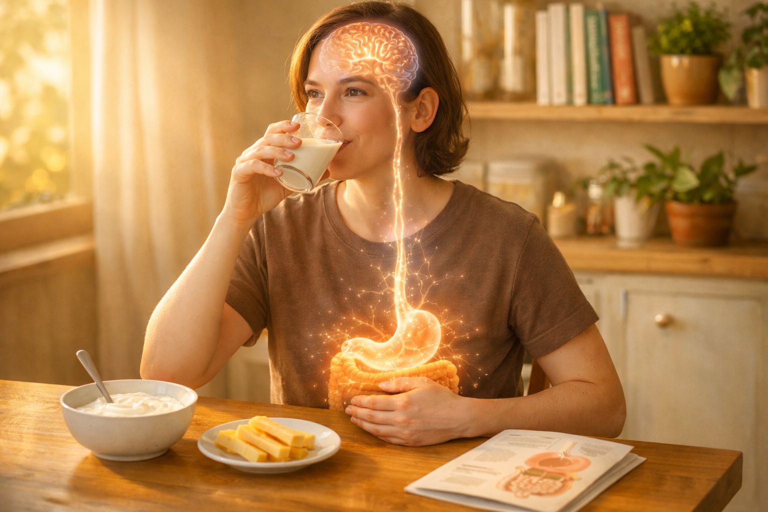 Mulher a beber leite com ilustração do cérebro e aparelho digestivo em destaque.